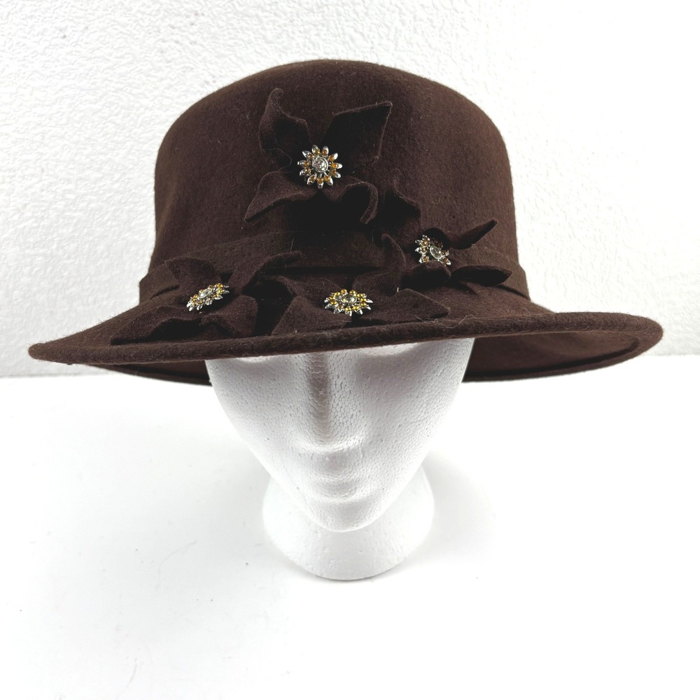 Betmar Cloche Hat Womens OS Brown Wool Felt Rhinestone Floral T874